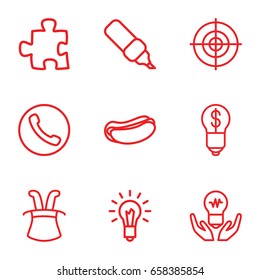 Idea icons set. set of 9 idea outline icons such as hot dog, light bulb, target, pen, bulb with dollar, puzzle, magic hat, bulb in hand