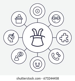 Idea icons set. set of 9 idea outline icons such as call, brain surgery, smiling emot, nerd emoji, teacher, man thinking about money, puzzle, target