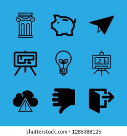 idea icons set with blueprint, saving pig and man male hand silhouette with thumb down vector set