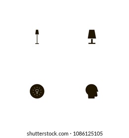 Idea icons set. bulb on the black, table lamp, human and light