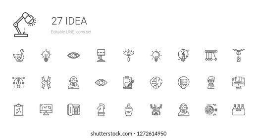 idea icons set. Collection of idea with aristotle, drone, highlighter, strategy, telephone, draw, light bulb, brain, sketch, eye, socrates, vision. Editable and scalable idea icons.