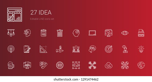 idea icons set. Collection of idea with co, drone, graphic design, bottle cap, telephone, beer, target, discussion, investment, triangle, sketch. Editable and scalable idea icons.