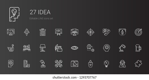 idea icons set. Collection of idea with highlighter, web plugin, drone, thinking, school material, gear, artificial intelligence, eye, ink pen. Editable and scalable idea icons.