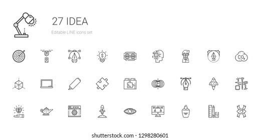 idea icons set. Collection of idea with highlighter, vector, eye, startup, web development, magic lamp, magnetic field, web plugin, puzzle, blackboard. Editable and scalable idea icons.