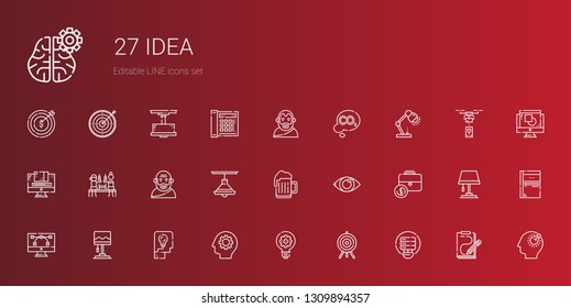 idea icons set. Collection of idea with light bulb, target, gear, thinking, lamp, vector, portfolio, eye, beer, socrates, graphic design, co. Editable and scalable idea icons.