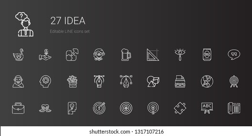 idea icons set. Collection of idea with puzzle, target, thinking, swans, portfolio, cubes, vector, trick, gear, plato, eye, triangle, beer, telephone. Editable and scalable idea icons.