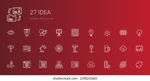 idea icons set. Collection of idea with school material, co, telephone, web development, investment, beer, creative process, lamp, target, branding. Editable and scalable idea icons.
