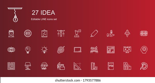 idea icons set. Collection of idea with sketchbook, school material, triangle, ink pen, teacher, lamp, labyrinth, layout, beer, blackboard, target. Editable and scalable idea icons.