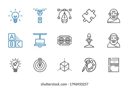 idea icons set. Collection of idea with sketchbook, palette, cube, goal, plato, startup, vision, lamp, cubes, socrates, puzzle, vector, drone. Editable and scalable idea icons.