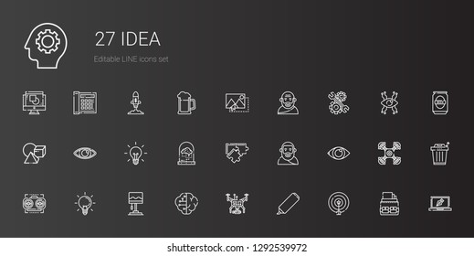 idea icons set. Collection of idea with target, highlighter, drone, brain, lamp, ideas, vision, eye, plato, puzzle, cubes, development, socrates. Editable and scalable idea icons.