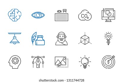 idea icons set. Collection of idea with target, ideas, image, vector, gear, cube, plato, ink pen, lamp, graphic design, co, components, eye. Editable and scalable idea icons.