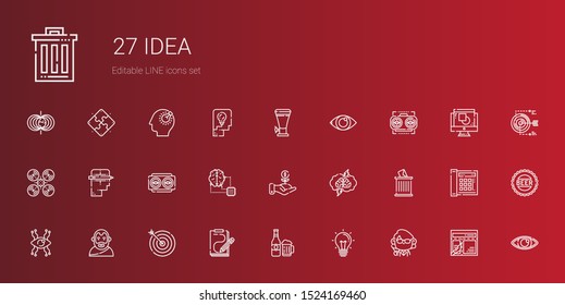 idea icons set. Collection of idea with teacher, beer, sketch, target, aristotle, vision, trash, brainstorming, investment, artificial intelligence. Editable and scalable idea icons.