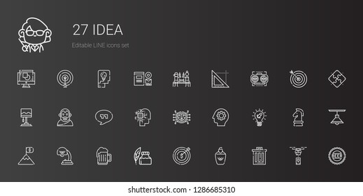 idea icons set. Collection of idea with trash, highlighter, target, ink pen, beer, lamp, goal, gear, brain, artificial intelligence, quotes. Editable and scalable idea icons.