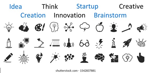 Idea icons set, creativity sign, creative idea logo with light bulb, human head, brain – vector