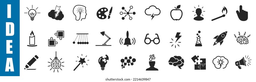 Ideensymbole Set, Kreativzeichen, kreatives Ideenlogo mit Glühbirne, menschlichem Kopf, Gehirn - für Stock