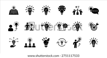 idea icons set. creator, bussiness idea, innovation, theory, share idea, creative idea and more. simple solid vector illustration