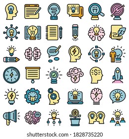 Idea icons set. Outline set of idea vector icons thin line color flat on white
