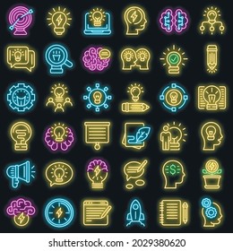 Idea icons set. Outline set of idea vector icons neon color on black