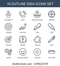 idea icons. Trendy 16 idea icons. Contain icons such as celebrity, call, bulb in hand, target, ink pen, pen, brain, puzzle, gear, smiling emot, hot dog. idea icon for web and mobile.