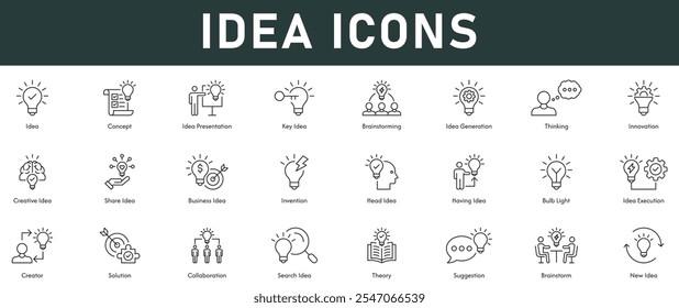 Idea Icons vector illustration with thin line editable stroke containing concept key idea brainstorming idea generation thinking innovation creativity business idea invention execution