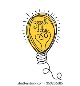 Idea illustration. Light bulb design. Vector business icon.  Doodle hand drawn idea bubble.
