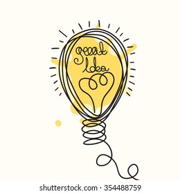 Idea illustration. Light bulb design. Vector business icon.  Doodle hand drawn idea bubble.