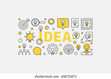 Idea illustration - vector creative banner made with yellow word IDEA and bulb icons on white background