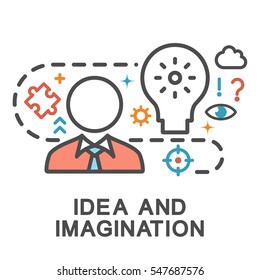 Idea and imagination icons. Icons depict the process of creative thinking in planning. The thin contour lines with color fills on white background.