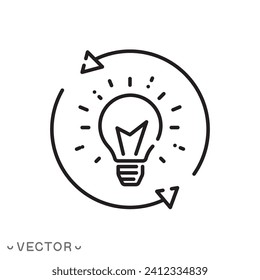 idea implementation process icon, light bulb with circle arrows, clean energy recycling, line symbol isolated on white background, editable stroke eps 10 vector illustration
