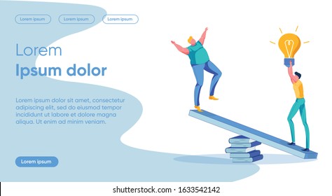 Idea Importance Flat Landing Page Vector Template. Solution Weightiness Metaphor. Fat Man and Skinny Person with Lightbulb, People on Swing Faceless Character. Decision Significance Homepage Layout