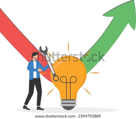Idea improvement to boost business, changing mindset to make investment better, developing solution to business problem concept. Businessmen fix light bulb ideas to turn the downtrend graph upward.

