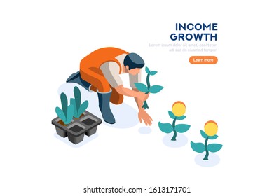 Idea of income, person on profit, people on golden investment with cartoon banknotes. Rich person watering a plant of money, web page for wealth. Financial website, flat vector illustration.