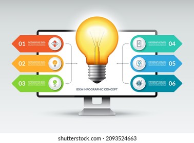 Idea infographic concept. Glowing light bulb against the background of a computer screen with six numbered arrows directed from the center. Vector illustration