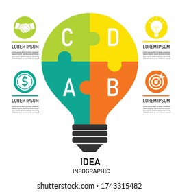 Idea infographic with light bulb Template. vector illustration in flat design. Interlocked jigsaw puzzle pieces business. creative thinking sign. can be used for workflow layout, diagram, web design.
