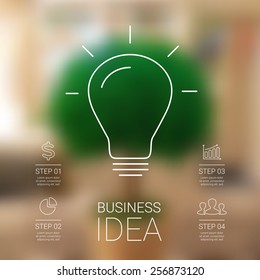 Idea infographic with light bulb. Template for creative diagram, graph, presentation and chart. Business concept with 4 steps of brainstorm and creativity. Linear graphic. Blur vector background.