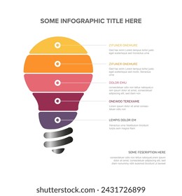 plantilla de infografía de idea - icono de bombilla de luz hecha de rayas rojas con algo de contenido, descripción y cinco elementos con iconos, todo sobre fondo claro