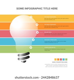 plantilla de infografía de idea - icono de bombilla de luz hecha de rayas rojas con algo de contenido, descripción y cinco elementos con iconos, todo sobre fondo claro