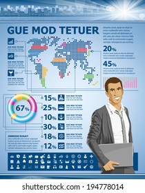Idea infographic web page. Vector set of icons and elements, and businessman