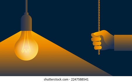 Idea or innovation concept - hand turn on the light of the lamp. Mental development, creative solutions or self discipline metaphor