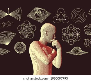 Idea or innovation concept. Man scientist thinking. Reflect on the future.  Digital technology background. Voxel art. 3D vector illustration.