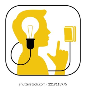 Idea Or Innovation Concept - Person Silhouette With Lamp In His Head Turning On The Switch. Mental Development, Creative Solutions Or Self Discipline Metaphor