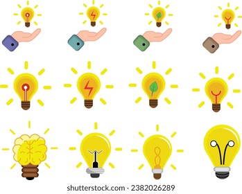Idea and Innovation Icon or Light Bulb with Rays Shine Flat Vector Collection