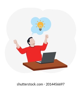 Idea, innovation, solution concept. Young businessman with laptop sitting on large light bulb and great idea hand raised. got an idea. vector illustration