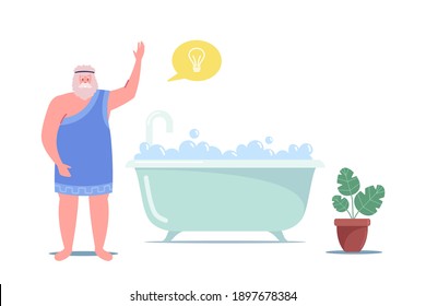 Idea, Insight Concept. Archimedes of Syracusa Character Ancient Genius Mathematician Inventor Saying Eureka in Bath. Scientific Discovery, Excitement Exclamation, Science. Cartoon Vector Illustration