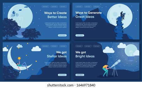 Idea, Insight Flat Landing Page Vector Templates. Reading and Dreaming, Education and Science Metaphor. People Searching Solutions Faceless Characters. Idea Creation and Generation Homepage Layouts