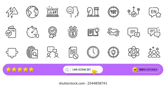 Ideia, Inspecionar e Funcionários ícones de linha de mensagens para aplicativo Web. Pacote de maneira correta, Verificação de som, Ícones de pictograma de arquivo errado. Raio, atualizar e-mail, sinais aprovados. Quebra-cabeça. Barra de pesquisa. Vetor