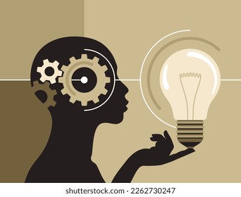 Idea, inspiration and brainstorming concept - woman head, gear mechanism and lightbulb in single metaphor. Vector illustration for banner or poster