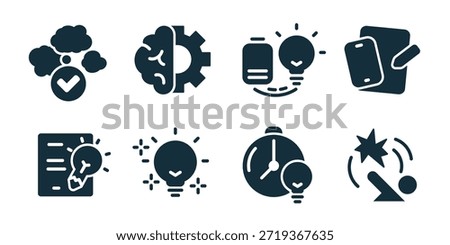 Idea and Inspiration excellent icon collection. Approved thought, brain gear, mobile idea, phone message, document creativity, bright bulb, time idea, failure accident icons