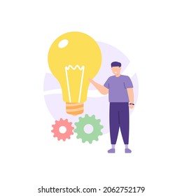 idea, inspiration, innovation, answer, problem solving, solution. illustration of a person standing next to a light bulb and gear. smart worker. flat cartoon style. vector design
