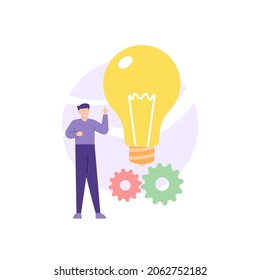 idea, inspiration, innovation, answer, problem solving, solution. illustration of a person standing next to a light bulb and gear. smart worker. flat cartoon style. vector design